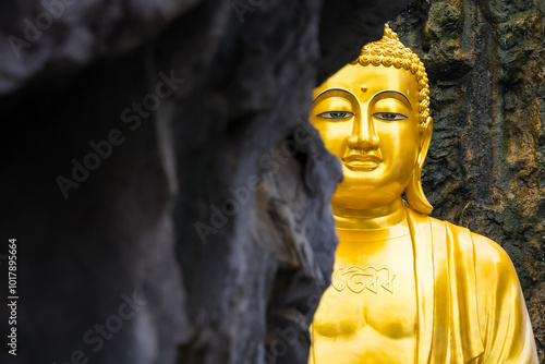 Samut Sakhon, Thailand - September, 25, 2024 : Golden Buddha Statue in Serene Cave in Lak Si Temple at Samut Sakhon, Thailand. photo