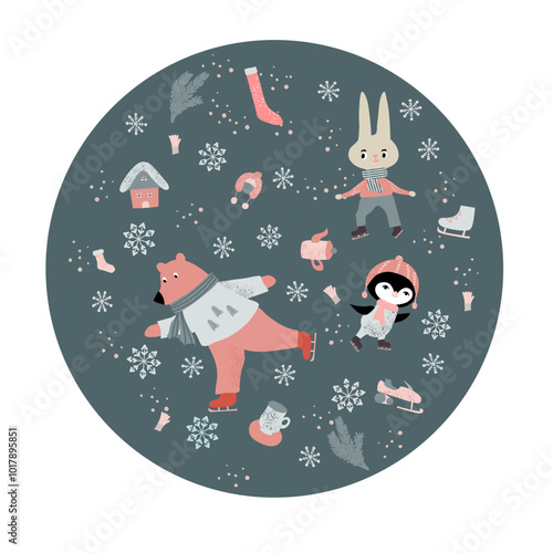 Vector card with cute animals doing winter outdoor atctivities