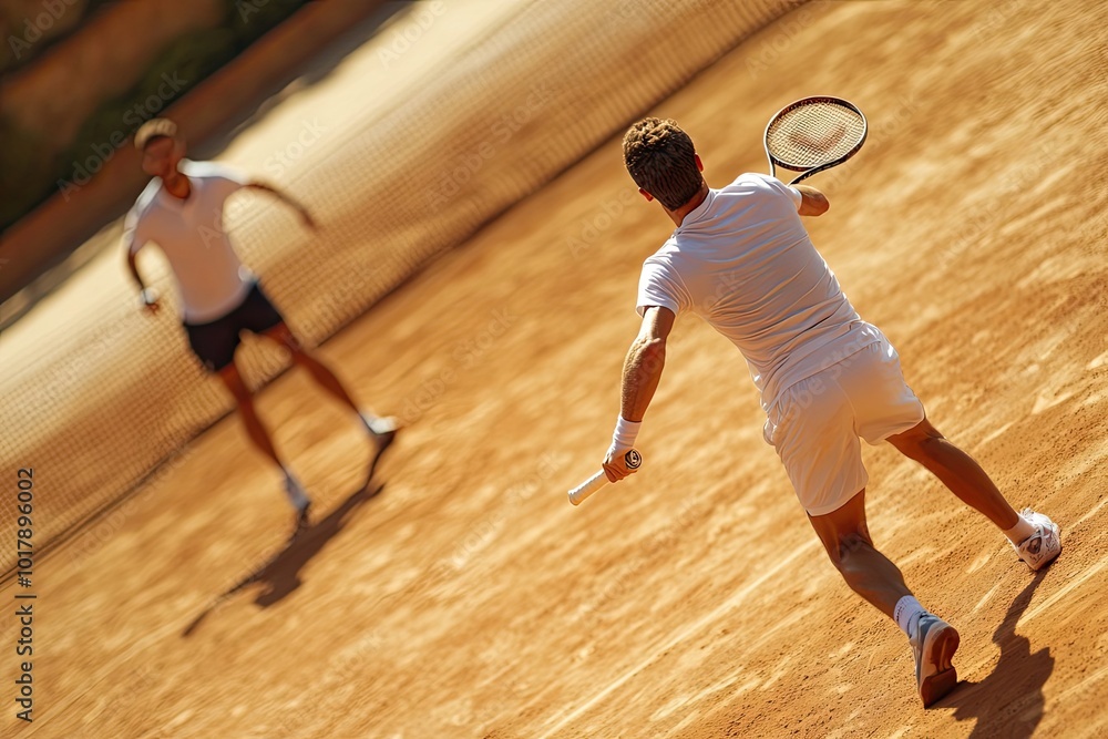 Fototapeta premium Tennis Player Reaching for a Backhand Volley on a Clay Court