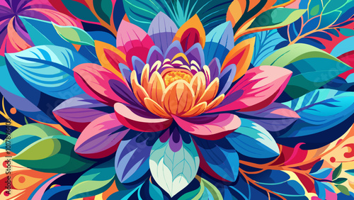 An abstract flower, set against a vivid portrayal of floral tones, captures the richness of colors, featuring spectacularly vibrant hues.