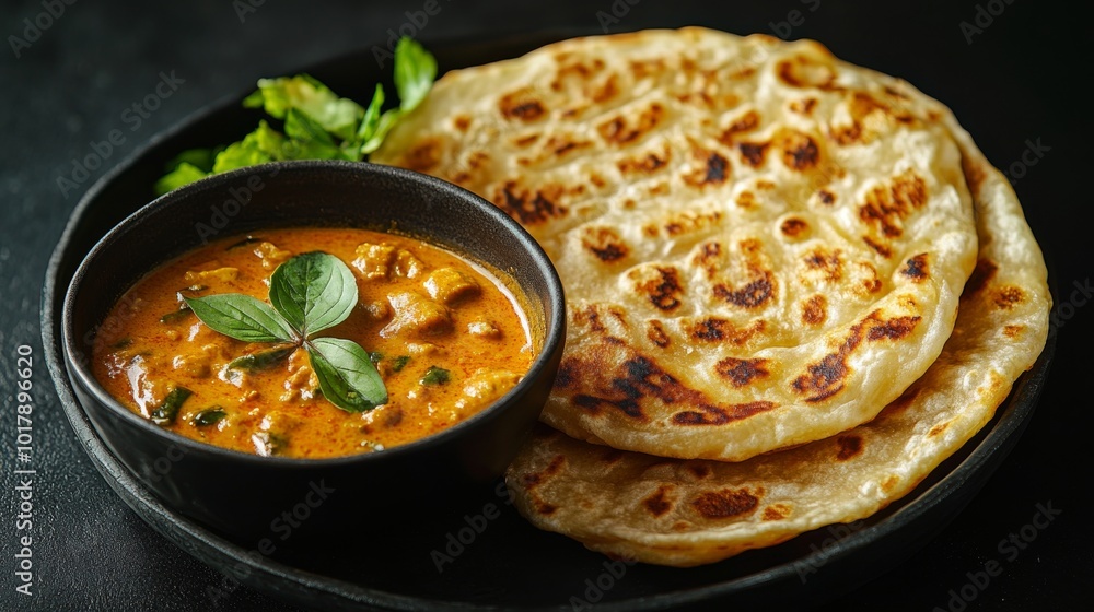 A delicious Indian curry served with freshly baked naan bread, garnished with herbs and presented on a dark platter, showcasing rich flavors and textures. A delicious Indian curry served with freshly baked naan bread, garnished with herbs and presented on a dark platter, showcasing rich flavors and textures.