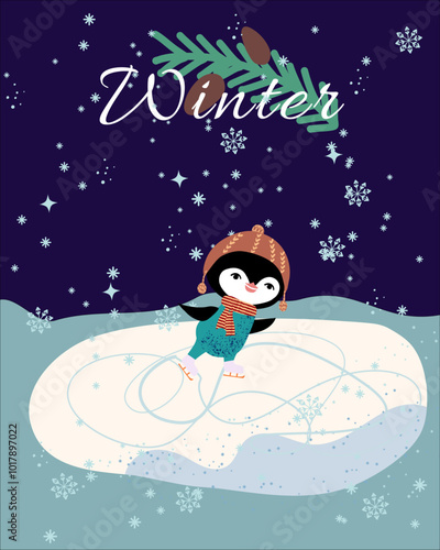 Winter card with penguin skating