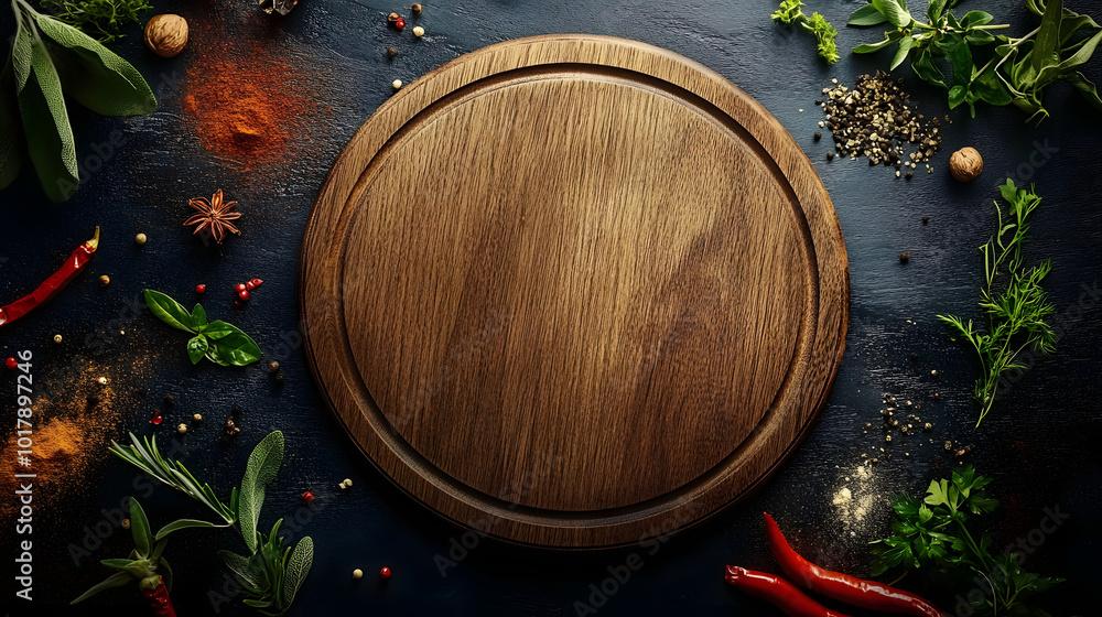 Empty wooden round board on a dark background with herbs and spices scattered around it, top view. Banner for menu design in photo stock style Empty wooden round board on a dark background with herbs and spices scattered around it, top view. Banner for menu design in photo stock style