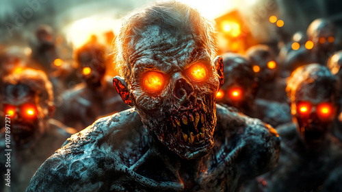 zombie horde with glowing eyes photo