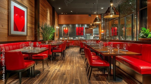 A cozy modern restaurant interior featuring red accents, plush seating, and a warm ambiance, inviting guests to enjoy a comfortable and chic dining experience.