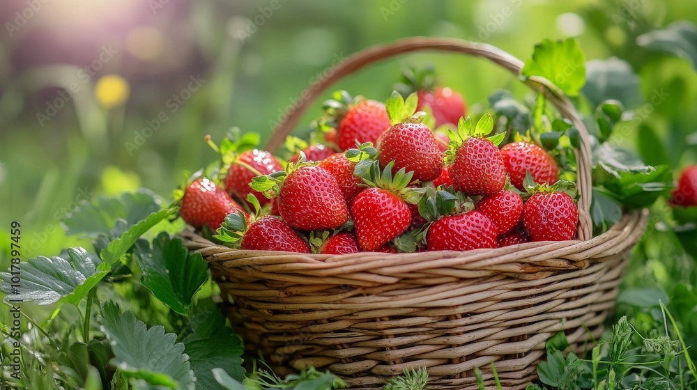 A basket brimming with fresh ripe strawberries sits in a lush green field, basking in sunlight, symbolizing abundance and the joy of nature's bounty. A basket brimming with fresh ripe strawberries sits in a lush green field, basking in sunlight, symbolizing abundance and the joy of nature's bounty.
