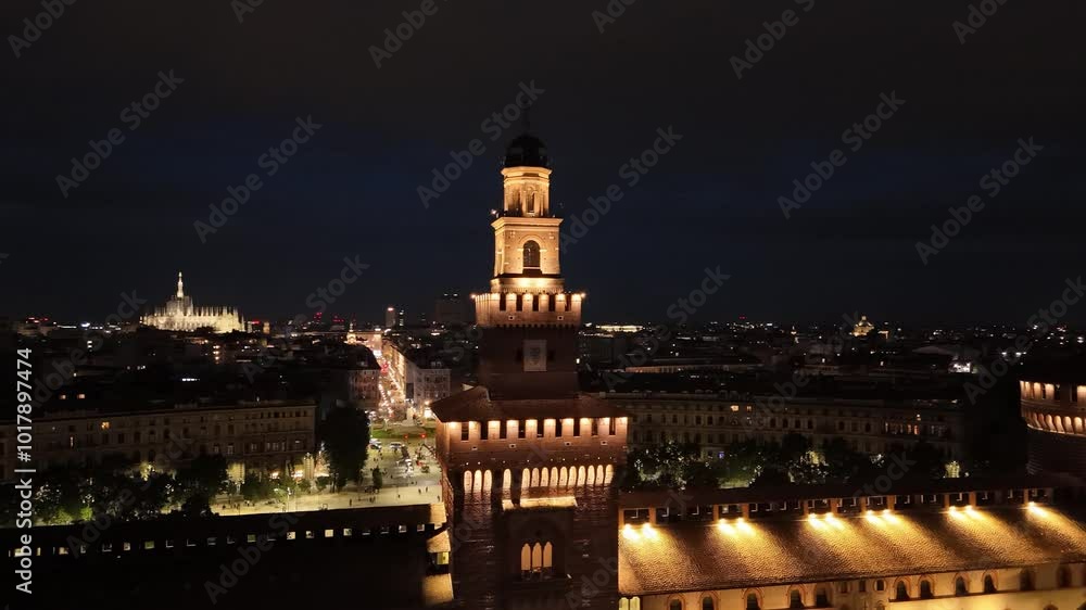 Aerial view of Sforza Castle old ancient fortress in Milan city centre illuminated at night with duomo square cathedral at distance Aerial view of Sforza Castle old ancient fortress in Milan city centre illuminated at night with duomo square cathedral at distance