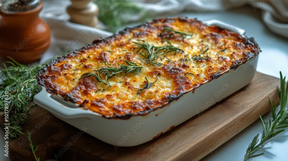 A mouthwatering look at a golden-brown baked lasagna topped with fresh herbs, presented in a classic ceramic dish, inviting a hearty and delicious experience. A mouthwatering look at a golden-brown baked lasagna topped with fresh herbs, presented in a classic ceramic dish, inviting a hearty and delicious experience.