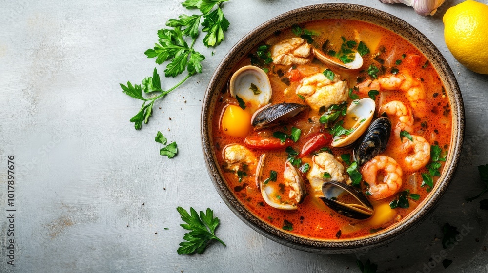 A vibrant bowl of seafood stew filled with mussels, shrimp, and vibrant herbs, all in a rich, flavorful broth, presenting a delightful and savory meal. A vibrant bowl of seafood stew filled with mussels, shrimp, and vibrant herbs, all in a rich, flavorful broth, presenting a delightful and savory meal.