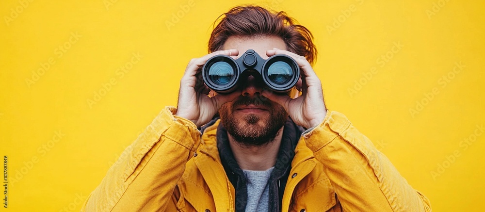 Man Looking Through Binoculars Against Yellow Background Man Looking Through Binoculars Against Yellow Background