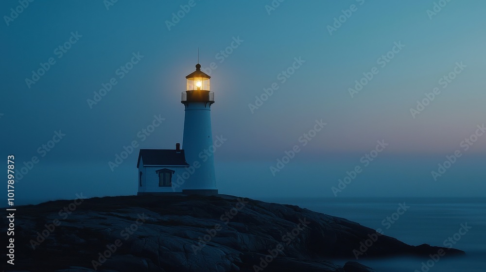 Haunted lighthouse on a rocky shore, ghostly light Haunted lighthouse on a rocky shore, ghostly light