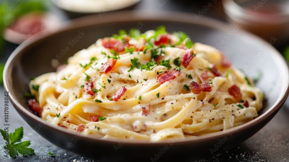 This image captures a plate of creamy pasta carbonara topped with crispy bacon bits and garnished with fresh parsley, embodying a harmonious blend of flavors and textures. This image captures a plate of creamy pasta carbonara topped with crispy bacon bits and garnished with fresh parsley, embodying a harmonious blend of flavors and textures.