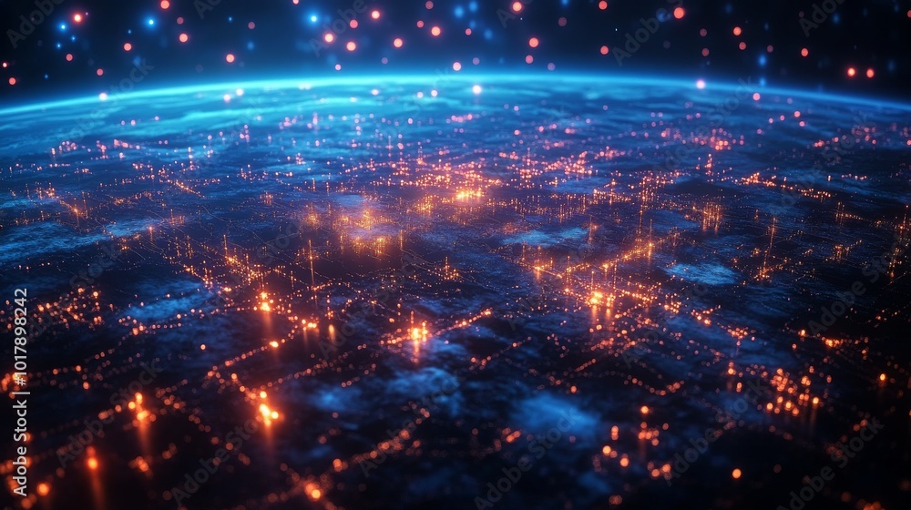 A breathtaking view of an illuminated cityscape resembling a network of glowing lights from space, conveying a sense of futuristic technology and interconnectivity. A breathtaking view of an illuminated cityscape resembling a network of glowing lights from space, conveying a sense of futuristic technology and interconnectivity.