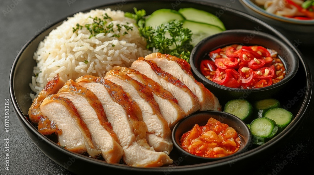 Perfectly sliced chicken breast served with steamed rice, accompanied by sliced cucumbers, red chili, and tantalizing spicy sauces, embodying a delectable meal. Perfectly sliced chicken breast served with steamed rice, accompanied by sliced cucumbers, red chili, and tantalizing spicy sauces, embodying a delectable meal.
