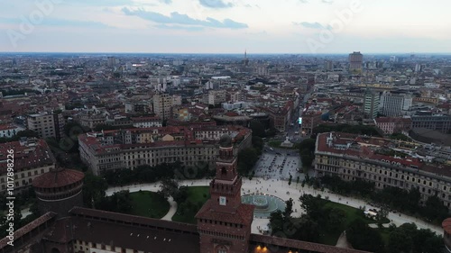 Wallpaper Mural Aerial above Milan city downtown with old ancient wall of Sforza Castle during sunset Torontodigital.ca