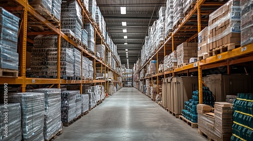 Wallpaper Mural A Long View of an Industrial Warehouse with Pallets of Products on Shelves Torontodigital.ca