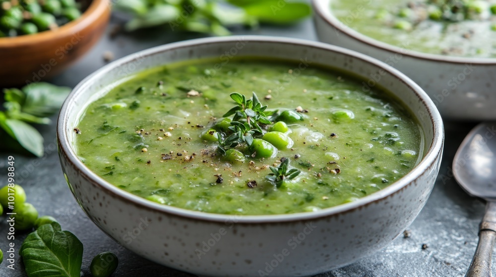 A warm and comforting green pea soup garnished with fresh herbs, offering a tasty embrace of flavors and depicting an inviting culinary treat perfect for cozy days. A warm and comforting green pea soup garnished with fresh herbs, offering a tasty embrace of flavors and depicting an inviting culinary treat perfect for cozy days.