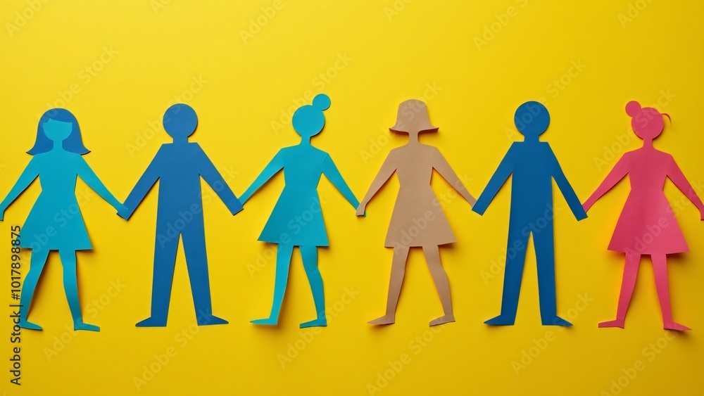 Paper cut out people standing together holding hands. on a bright color background Paper cut out people standing together holding hands. on a bright color background