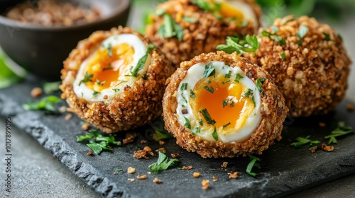 Golden brown scotch eggs perfectly cooked, showcasing crispy crust and soft yolk, garnished with fresh herbs, exemplifying hearty flavors and craftsmanship. photo