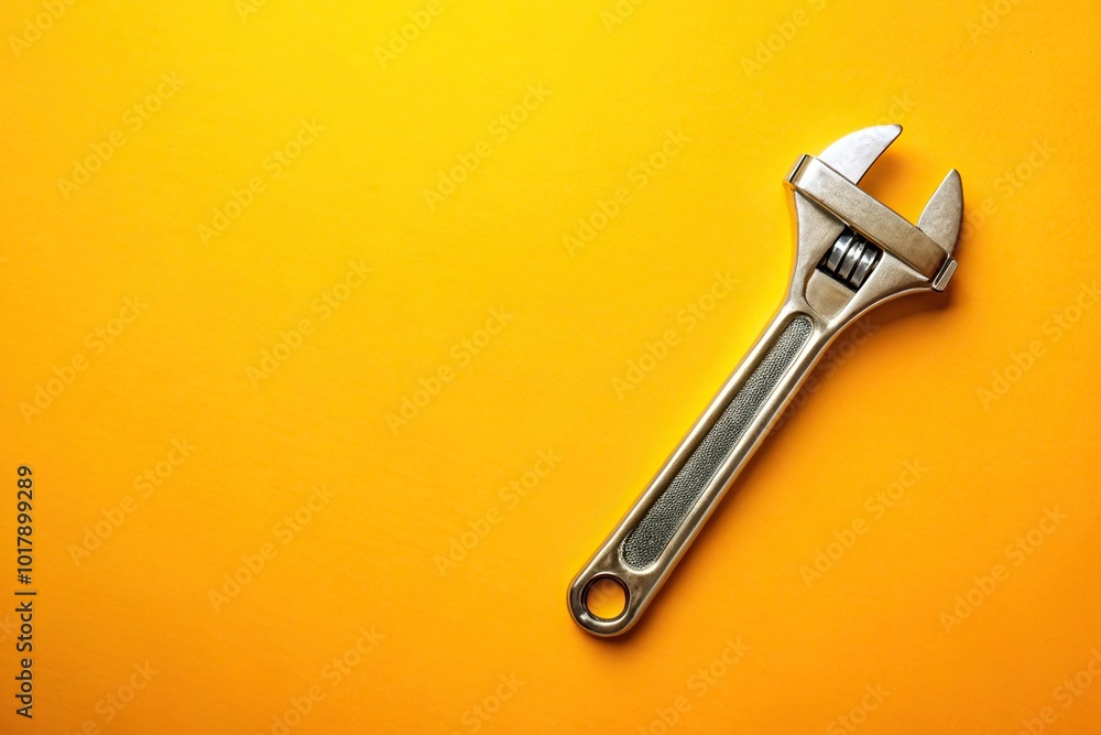 A metallic wrench in front of a yellow background, long shot A metallic wrench in front of a yellow background, long shot