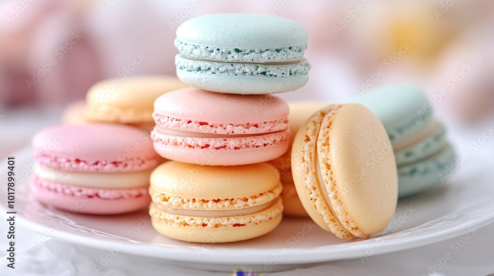 Obraz premium A delightful assortment of colorful macarons artfully arranged on a white plate, offering a visual treat of pastel hues and sweet indulgence in every delicious bite.
