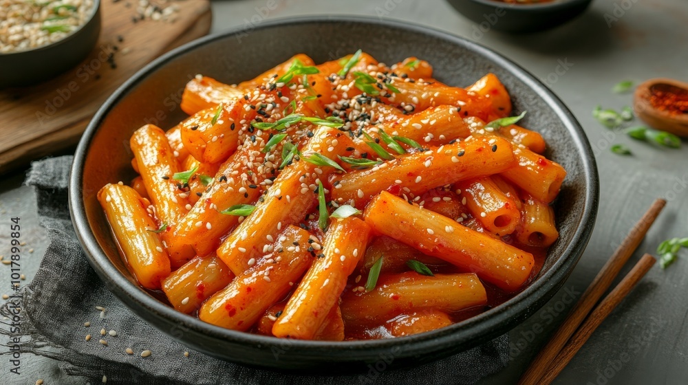 A tempting bowl of spicy Korean tteokbokki, covered in a vibrant red sauce, garnished with sesame seeds and green onions, combining traditional flavors and heat. A tempting bowl of spicy Korean tteokbokki, covered in a vibrant red sauce, garnished with sesame seeds and green onions, combining traditional flavors and heat.