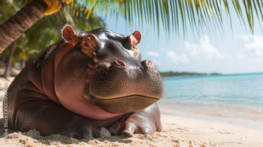 Fototapeta premium Hippo relaxing under a palm tree, tropical beach