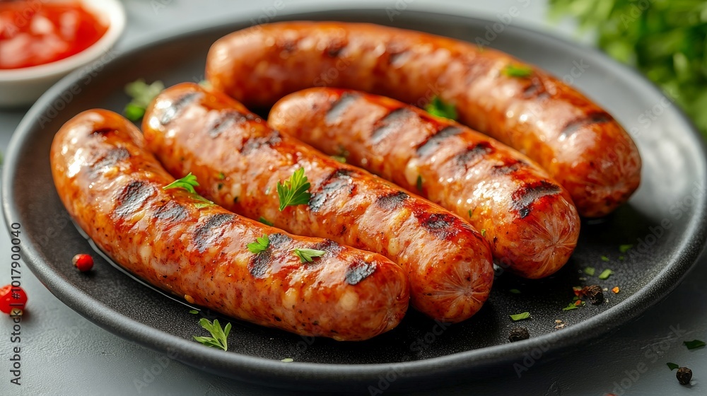 A delicious serving of four grilled sausages is presented on a sleek black plate, garnished with fresh herbs, ready to tempt any food lover's taste buds. A delicious serving of four grilled sausages is presented on a sleek black plate, garnished with fresh herbs, ready to tempt any food lover's taste buds.
