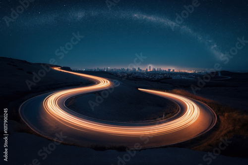 Curving road with light trails from vehicles at night, city skyline in the background. Starry night sky with a visible Milky Way arc.