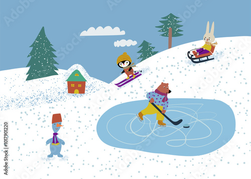 Winter landscape with animals doing winter outdoor activities