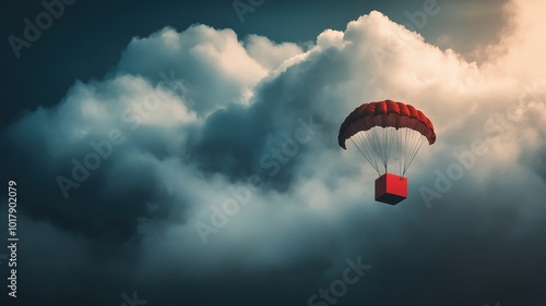 A Box flying on a parachute with cloud,vector illustration of package flying down from sky and cloud with parachute, concept for delivery service,shopping online,air delivery service.