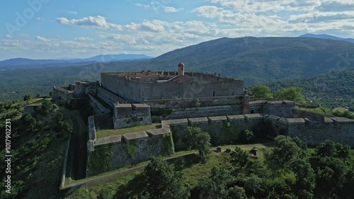 Drone aerial panoramic view of the historic Fort Bellegarde in Le Perthus, France photo