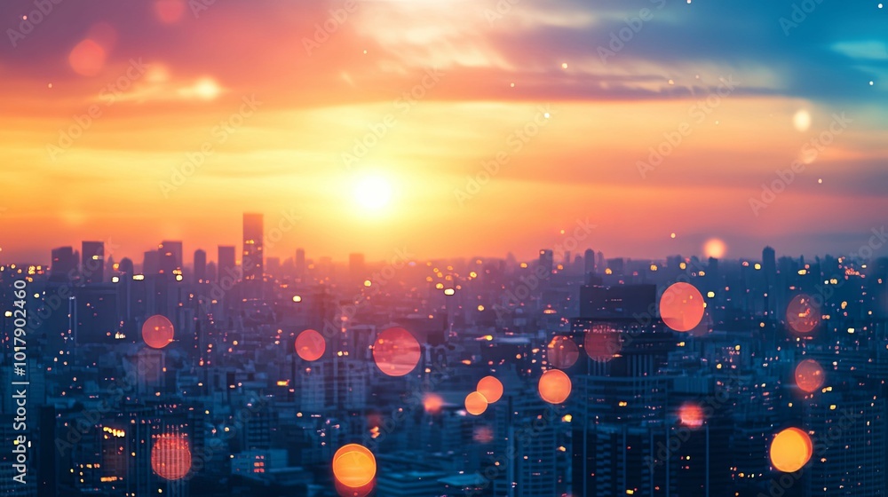Cityscape Silhouette at Sunset with Bokeh Lights