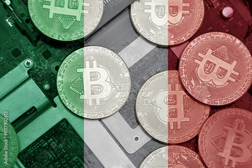 Fototapeta Naklejka Na Ścianę i Meble -  flag of italy on the bitcoins with computer electronic circuit board background. bitcoin concept