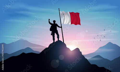 Malta flag, silhouette of a man holding a flag as a sign of success in reaching the top of the mountain with the morning sun in the background. Vector Illustrator