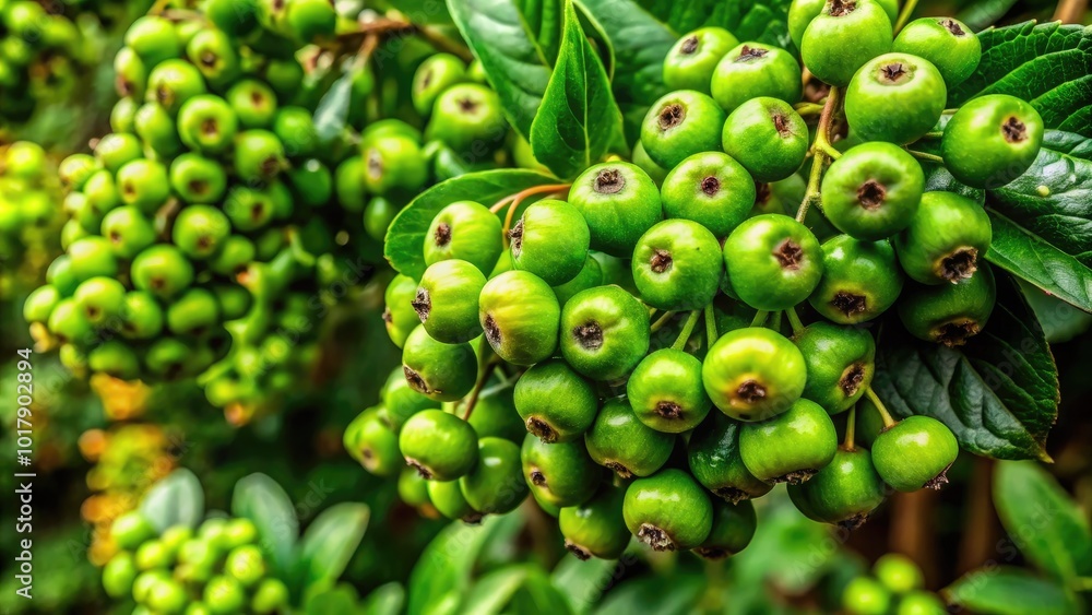 Lush Green Berries Hanging from a Vibrant Bush in a Natural Environment During the Growing Season Lush Green Berries Hanging from a Vibrant Bush in a Natural Environment During the Growing Season