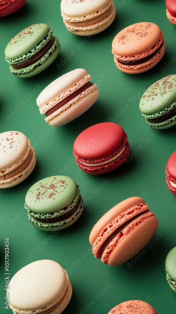 Fototapeta premium Red macaroons on color background,French macaroons for a christmas retail display,christmas tree in bakery shop,Open shop window with specialties pastry in holiday season,traditional french bakery.