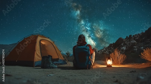 Lone adventurer stargazing under the Milky Way in Joshua Tree National Park. Photorealistic night scene with glowing lantern and camping gear. High-resolution imagery.