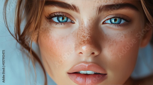 Close-up Portrait of a Woman with Blue Eyes and Freckles photo