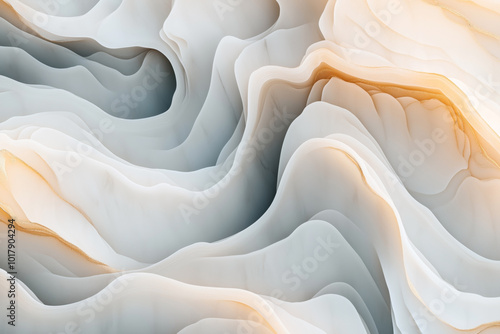 Abstract image of smooth, layered, and wavy textures in light grey and beige tones, resembling fluid shapes or geological formations.