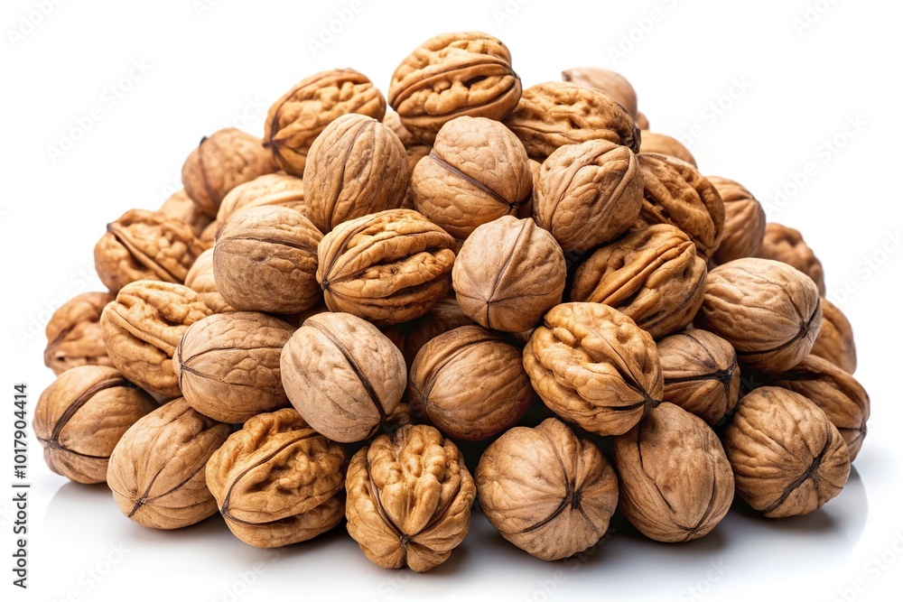A pile of ripe walnuts on white background A pile of ripe walnuts on white background