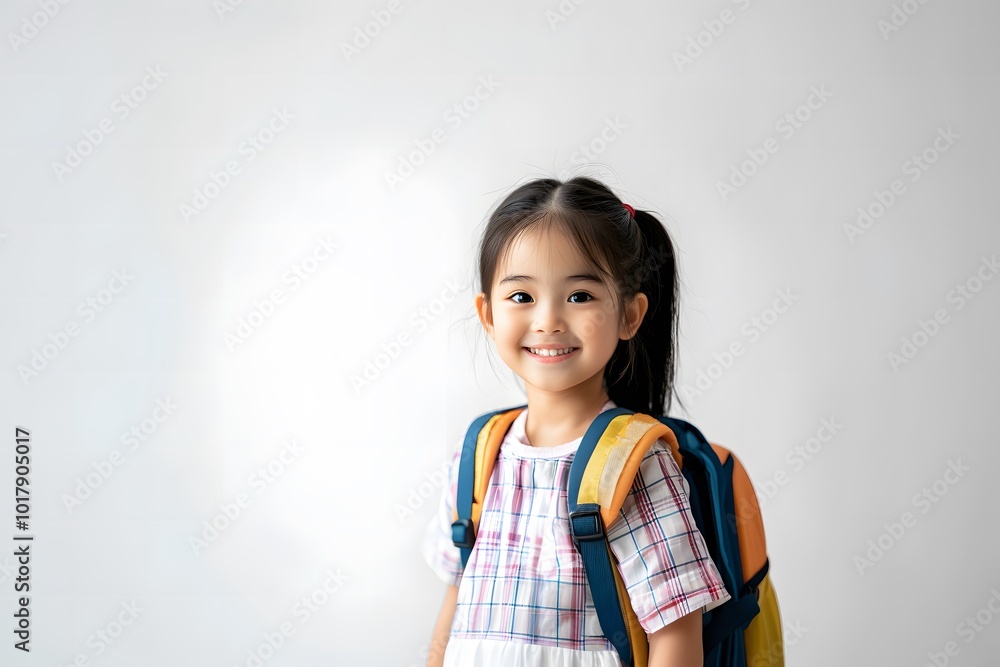 Smiling young asian girl with a backpack, ready for school, standing in front of a white background, looking confident and cheerful Smiling young asian girl with a backpack, ready for school, standing in front of a white background, looking confident and cheerful