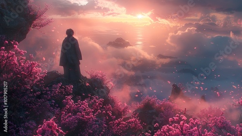 Sunset Over Mountains with Pink Flowers and a Lone Figure