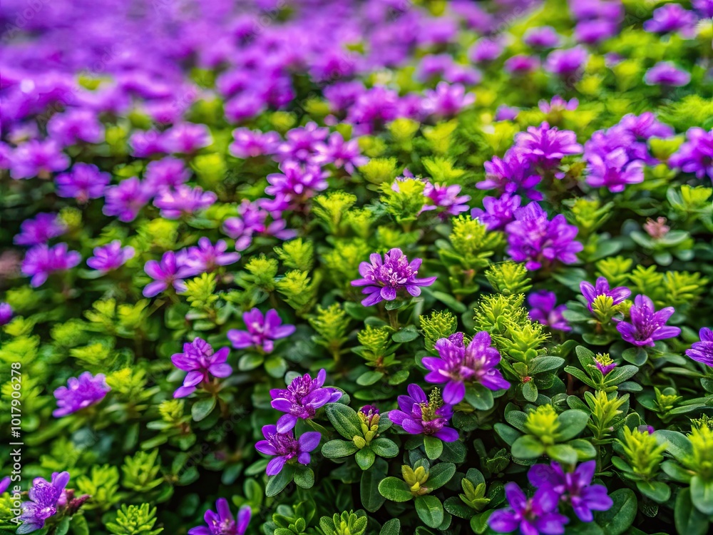 Lush Green Creeping Myrtle Ground Cover with Vibrant Purple Flowers in a Garden Landscape Setting Lush Green Creeping Myrtle Ground Cover with Vibrant Purple Flowers in a Garden Landscape Setting
