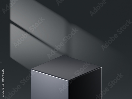 Black product podium display background stage on 3d luxury presentation showcase empty platform studio. Minimal stand dark scene pedestal backdrop with elegant advertising geometric mockup design.