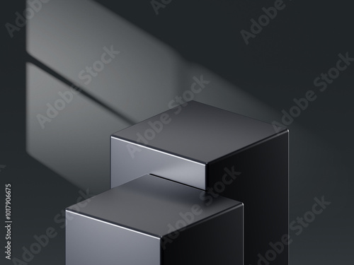 Black product podium display background stage on 3d luxury presentation showcase empty platform studio. Minimal stand dark scene pedestal backdrop with elegant advertising geometric mockup design.