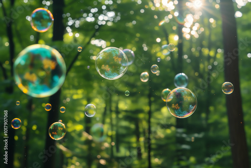 Soap bubbles flying through the forest