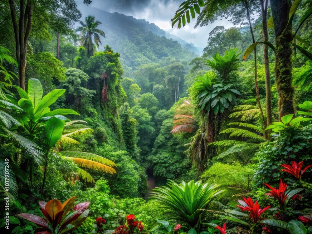 Fototapeta premium Lush Greenery and Vibrant Ecosystem of a Tropical Rainforest with Dense Foliage and Exotic Plants