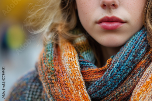 Portrait of a Woman in Cozy Scarf with Soft Bokeh Lights