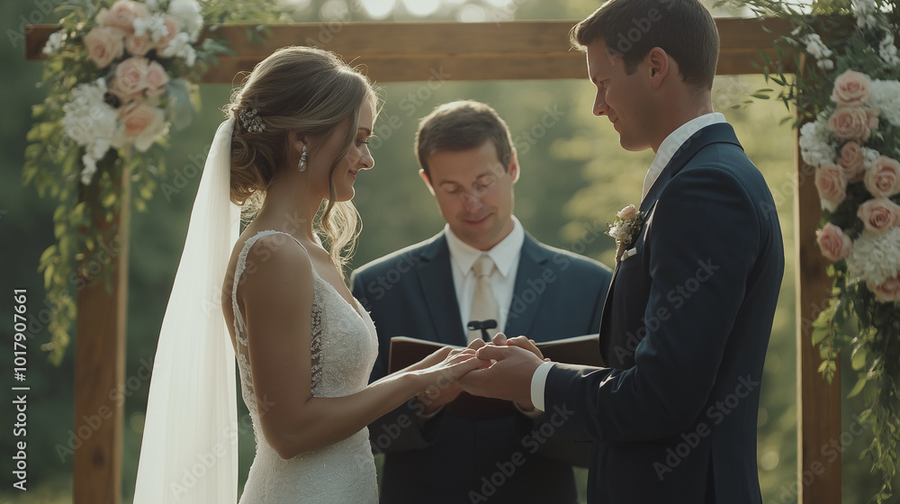 A wedding scene with a bride and groom exchanging rings under a beautifully decorated arch. A wedding scene with a bride and groom exchanging rings under a beautifully decorated arch.